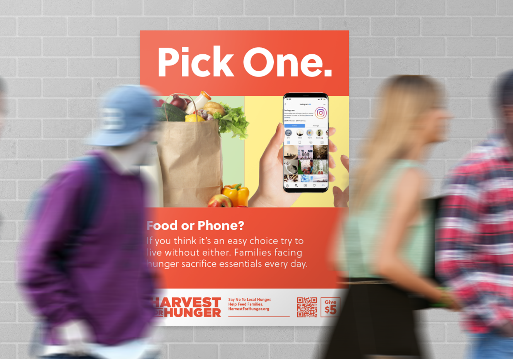 students walking by Harvest for Hunger poster