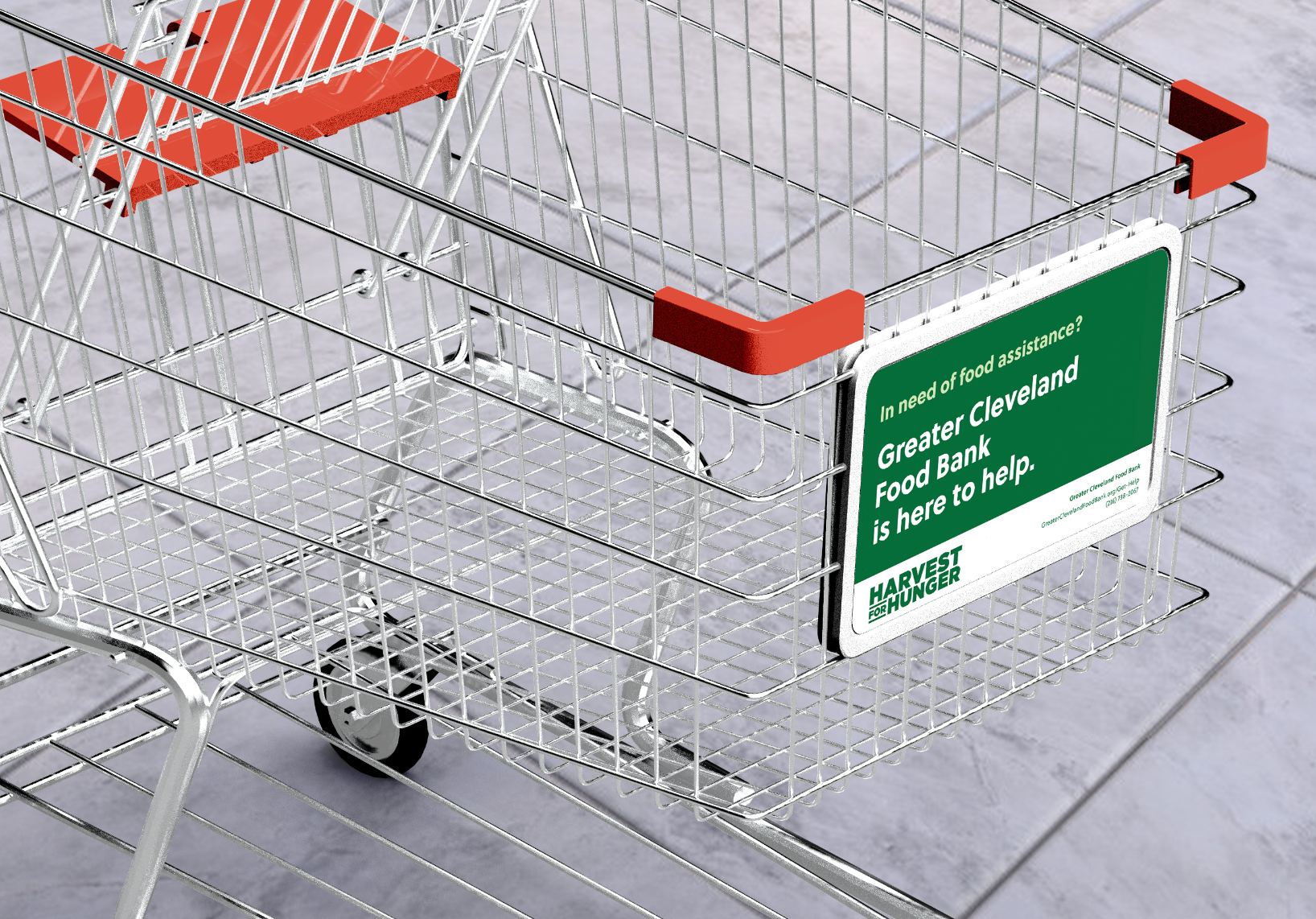 shopping cart with Harvest for Hunger sign on end