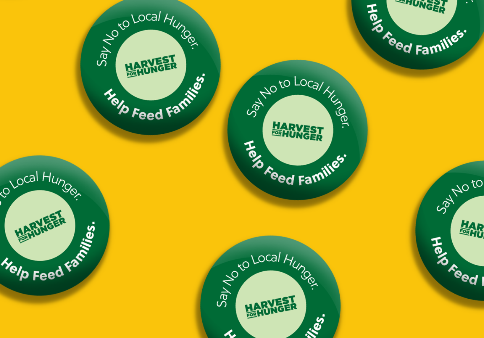 green Harvest for Hunger buttons on yellow background