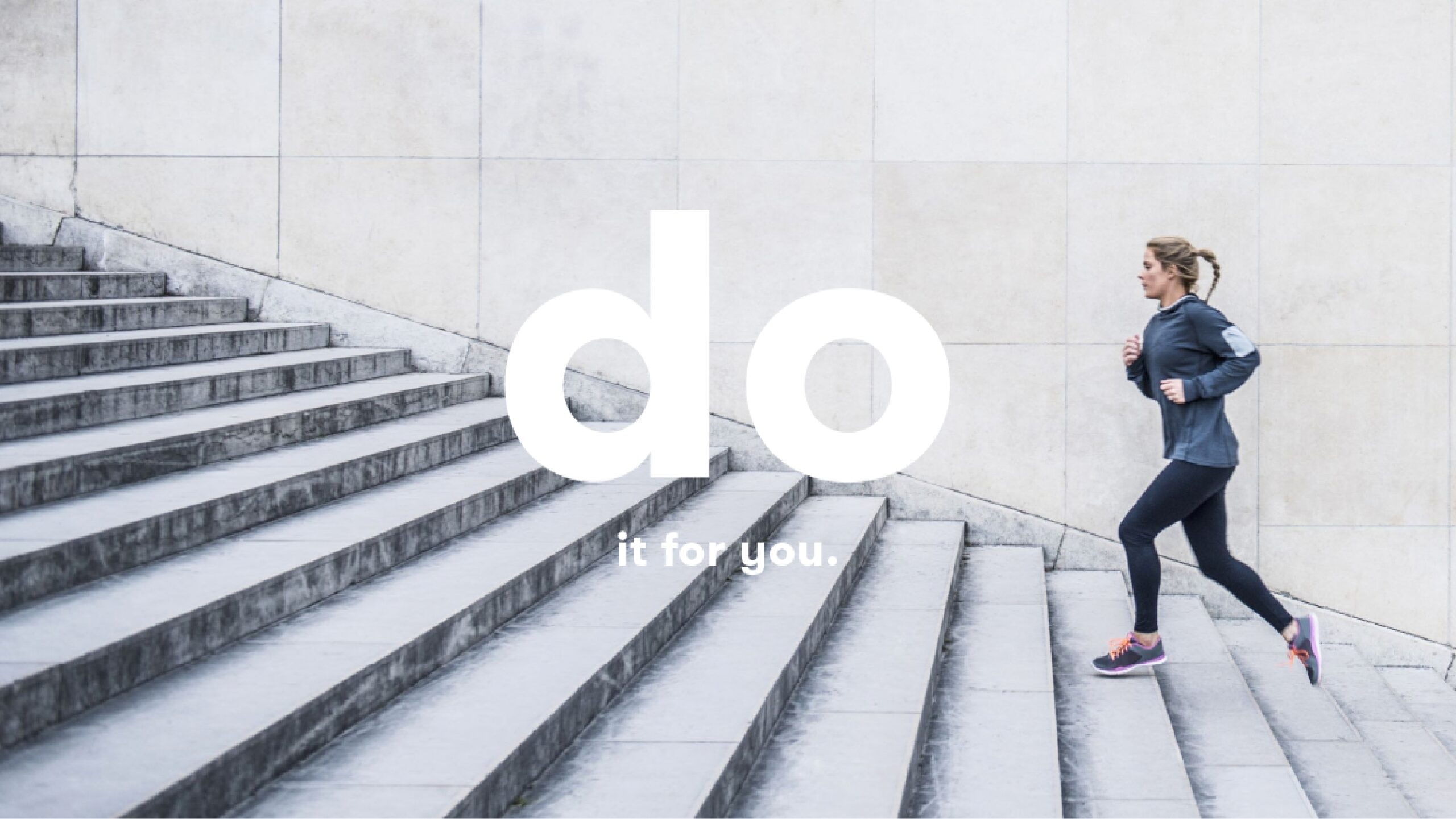 woman jogging up stairs with the word 'do' overlayed