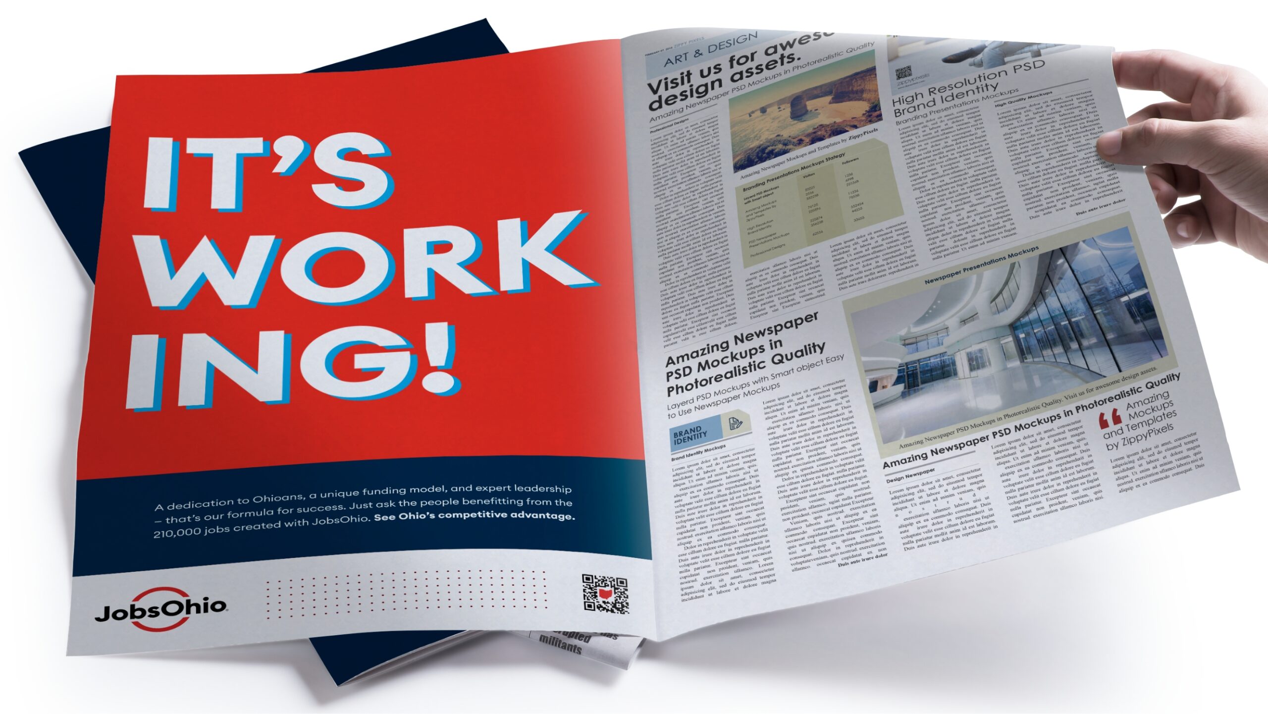 open newspaper showing a jobs ohio ad
