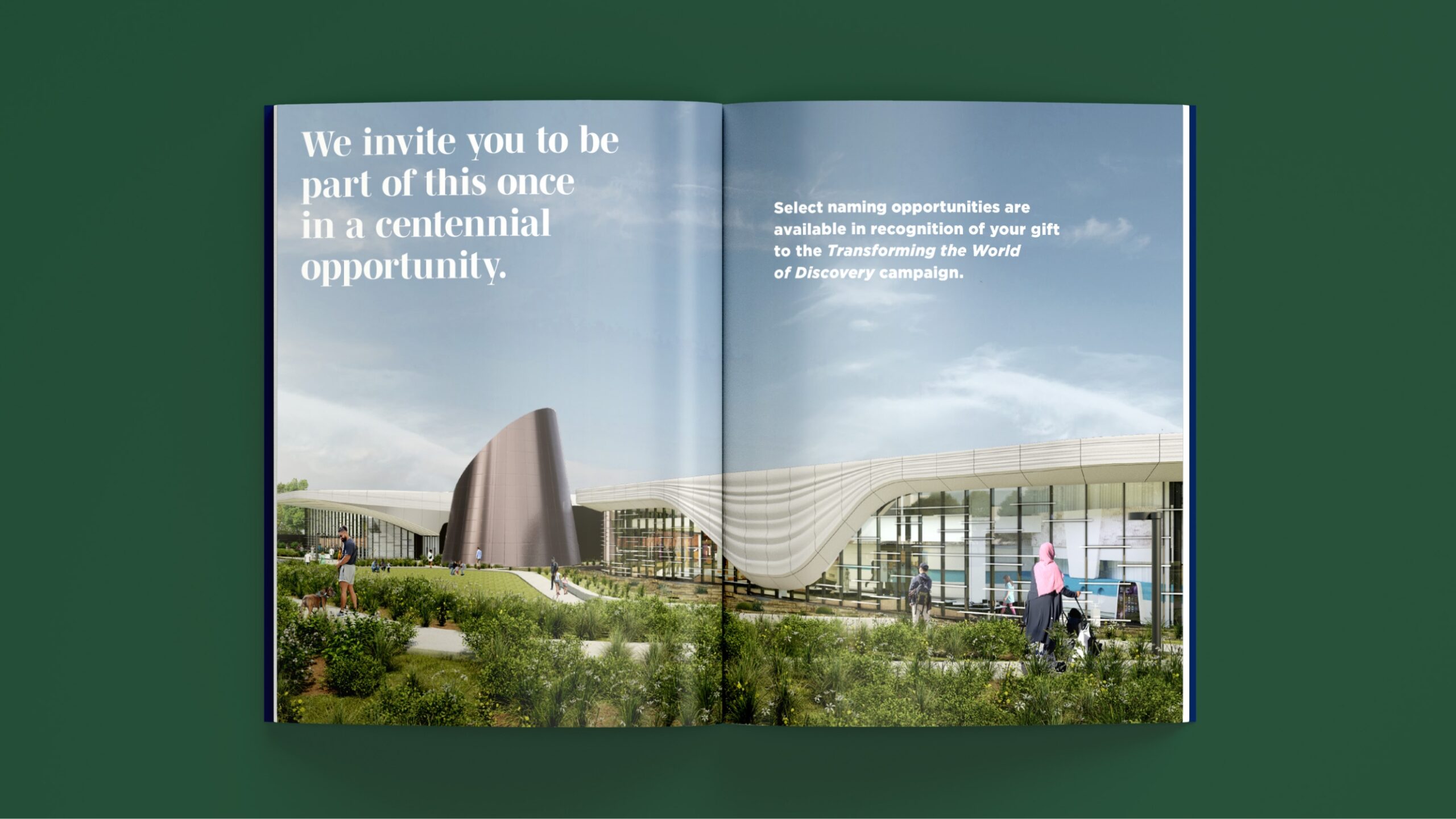 booklet spread of image of museum