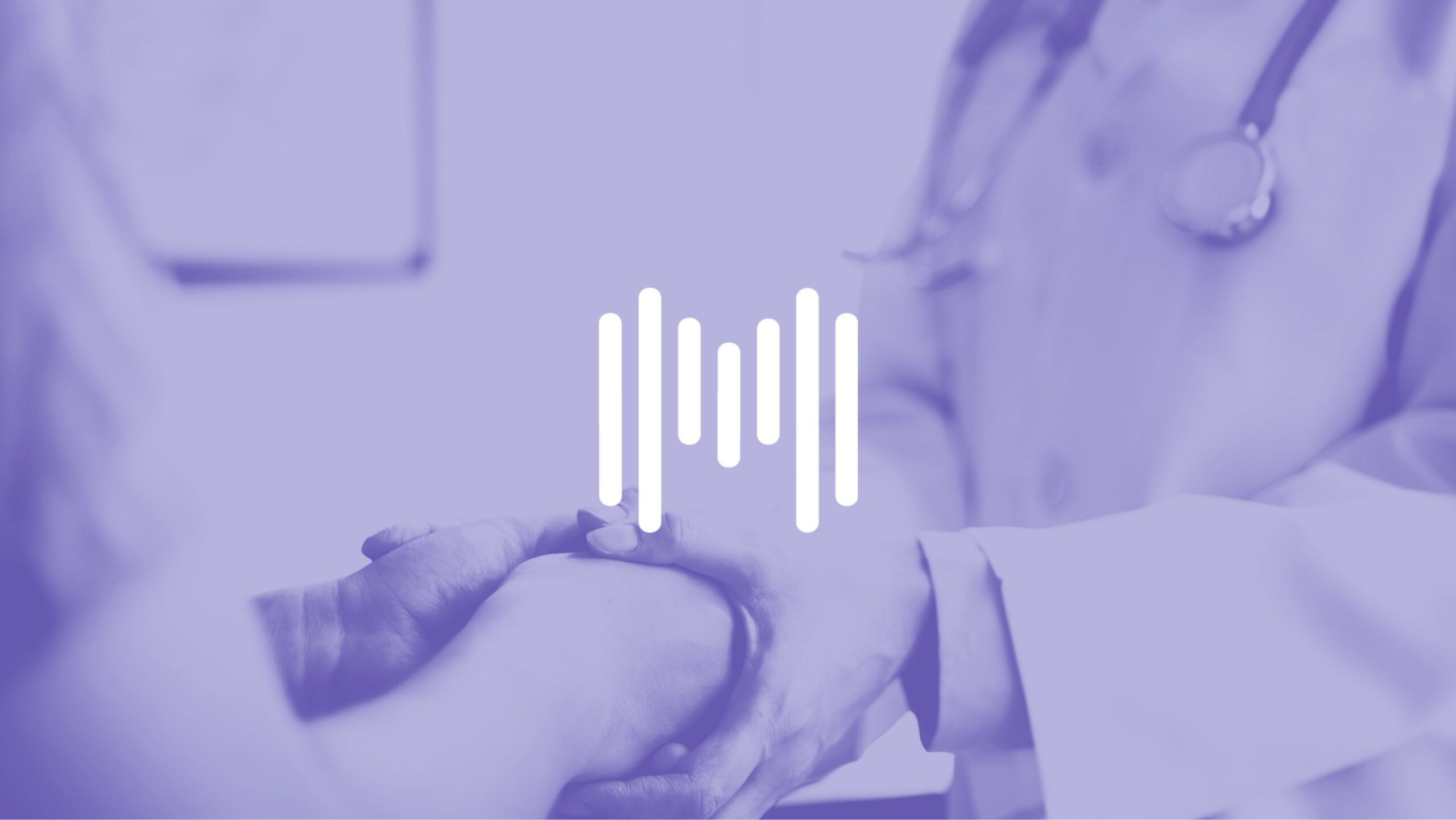 M icon on image of doctor holding patient's hand with purple filter